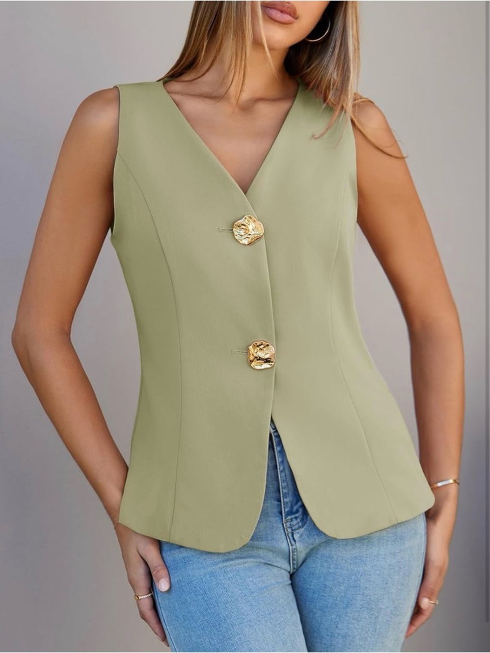 V-Neck Sleeveless Tunic Top with Gold Buttons in Sage Green